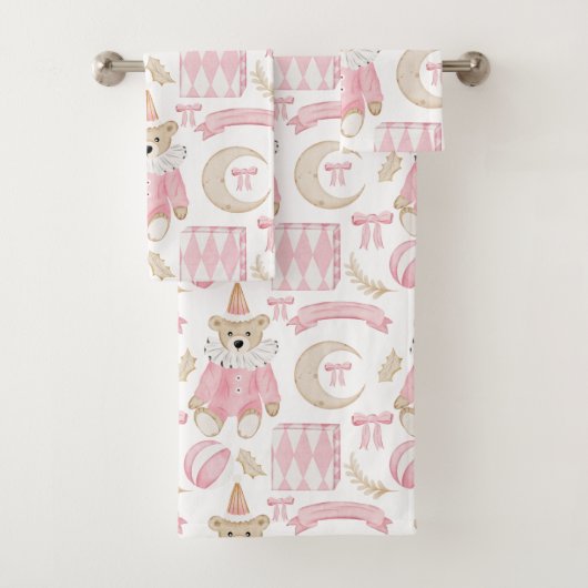 ピンクの冬の休日の子供テディベア バスタオルセット (インサイチュ)