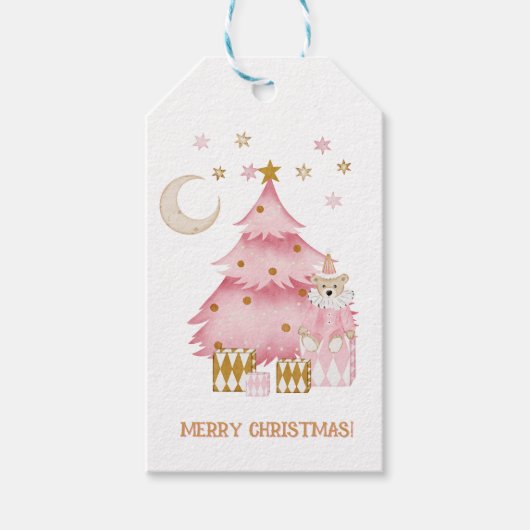 ピンクの冬の休暇キャンディコットンベア ギフトタグ (正面)