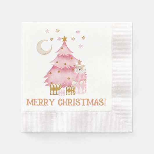 ピンクの冬の休暇キャンディコットンベア 縁ありカクテルナプキン (正面)