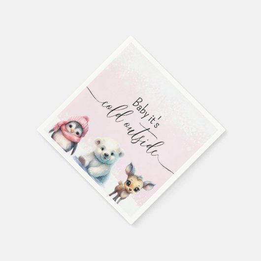 ピンクの冬の動物の寒い外の赤ちゃんシャワー スタンダードカクテルナプキン (角)