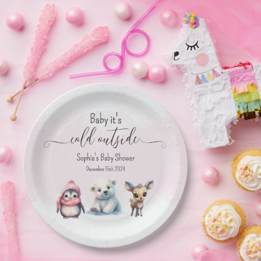ピンクの冬の動物の寒い外の赤ちゃんシャワー ペーパープレート (パーティー)