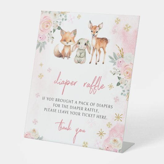ピンクの冬の動物の赤ちゃんシャワーおむつラッフルサイン 台座サイン (正面)