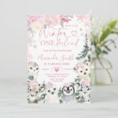 ピンクの冬の動物オンデーランドの雪の結晶の誕生日 招待状 (スタンド正面)