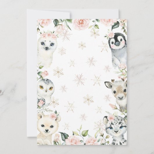 ピンクの冬の北極動物の赤ちゃんシャワー 招待状 (裏面)