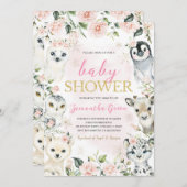 ピンクの冬の北極動物の赤ちゃんシャワー 招待状 (正面/裏面)