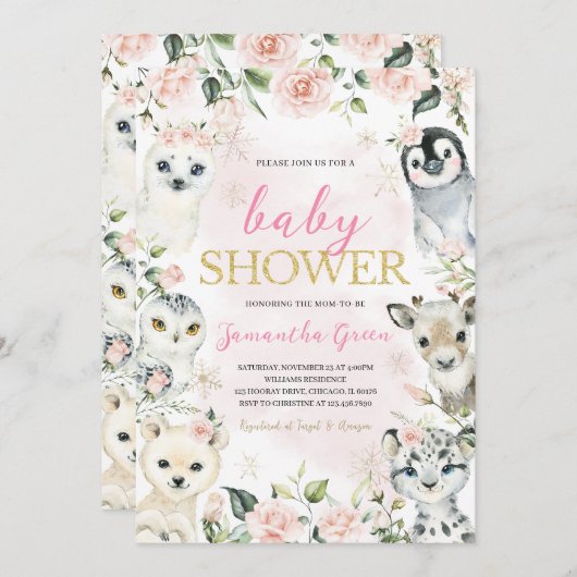ピンクの冬の北極動物の赤ちゃんシャワー 招待状 (正面/裏面)
