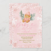 ピンクの冬の女の子クマベビー外は寒い 招待状 (正面/裏面)
