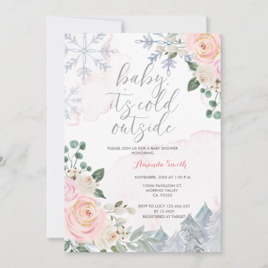 ピンクの冬の女の子ベビーシャワー外は寒い 招待状 (正面)