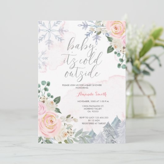 ピンクの冬の女の子ベビーシャワー外は寒い 招待状 (スタンド正面)
