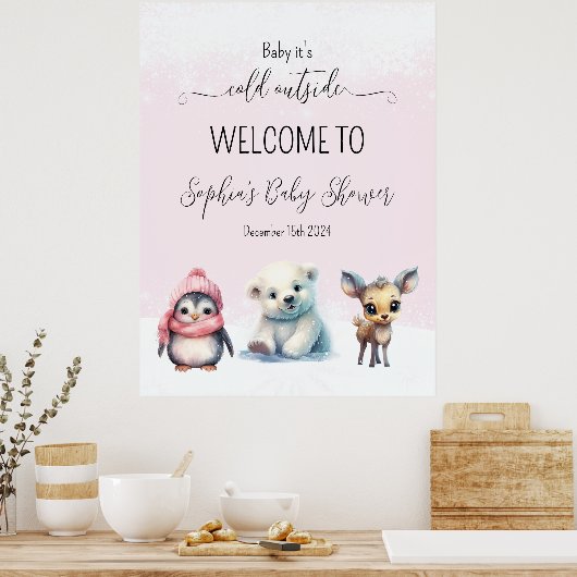ピンクの冬の寒さの外の赤ちゃんシャワー歓迎サイン ポスター (キッチン)