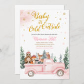 ピンクの冬の森のベイビーシャワー招待状 招待状 (正面/裏面)