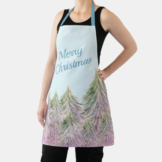 ピンクの冬の森の木の水の色クリスマス エプロン (インサイチュ)