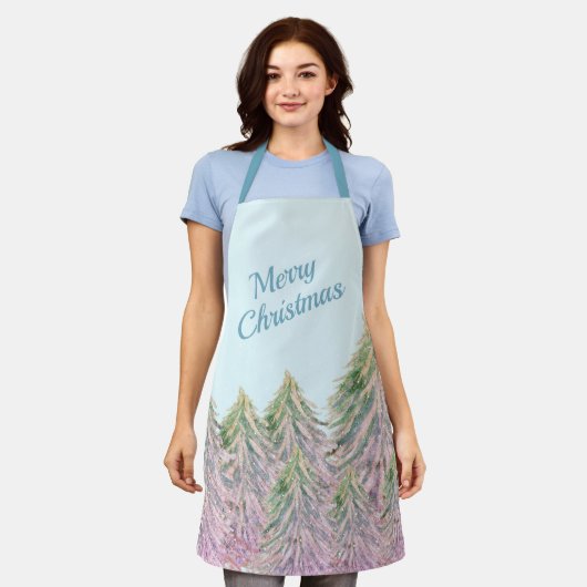ピンクの冬の森の木の水の色クリスマス エプロン (着用した状態)