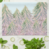 ピンクの冬の森の木の水の色クリスマス キッチンタオル (折り畳み)