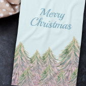 ピンクの冬の森の木の水の色クリスマス キッチンタオル
