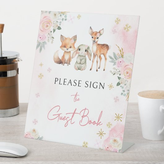 ピンクの冬の森の赤ちゃんシャワーのゲストブックサイン 台座サイン (インサイチュ)