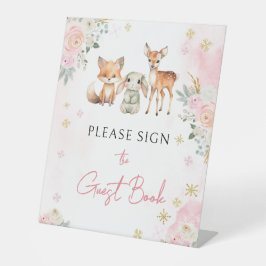 ピンクの冬の森の赤ちゃんシャワーのゲストブックサイン 台座サイン