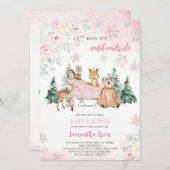 ピンクの冬の森の赤ちゃんシャワー 招待状 (正面/裏面)