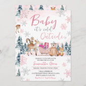 ピンクの冬の森の赤ちゃんシャワー 招待状 (正面/裏面)
