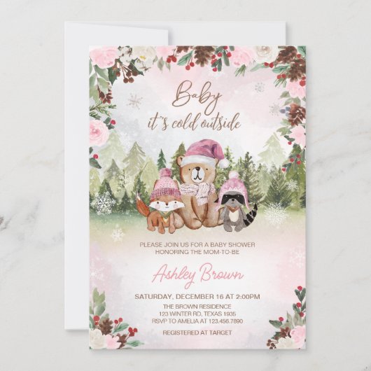 ピンクの冬の森の赤ちゃんシャワー 招待状 (正面)