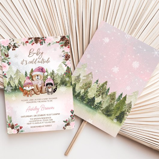 ピンクの冬の森の赤ちゃんシャワー 招待状
