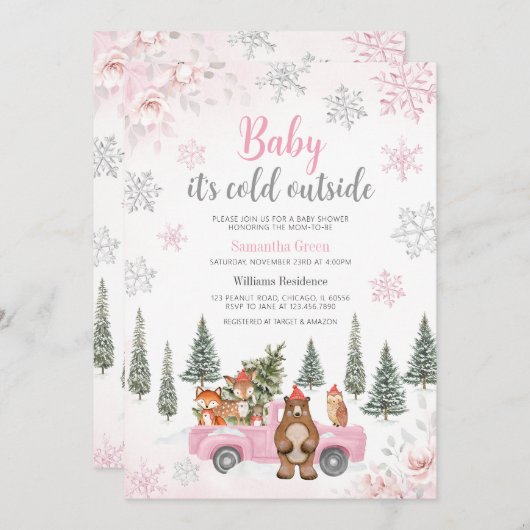 ピンクの冬の森の赤ちゃんシャワー 招待状 (正面/裏面)