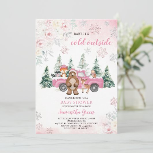 ピンクの冬の森の赤ちゃんシャワー 招待状 (スタンド正面)