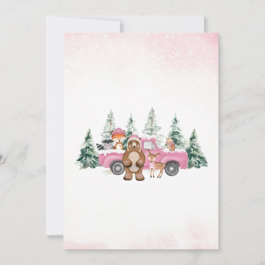 ピンクの冬の森の赤ちゃんシャワー 招待状 (裏面)