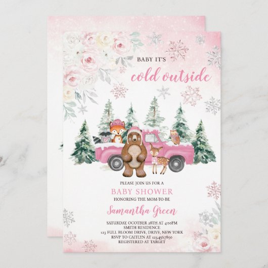 ピンクの冬の森の赤ちゃんシャワー 招待状 (正面/裏面)