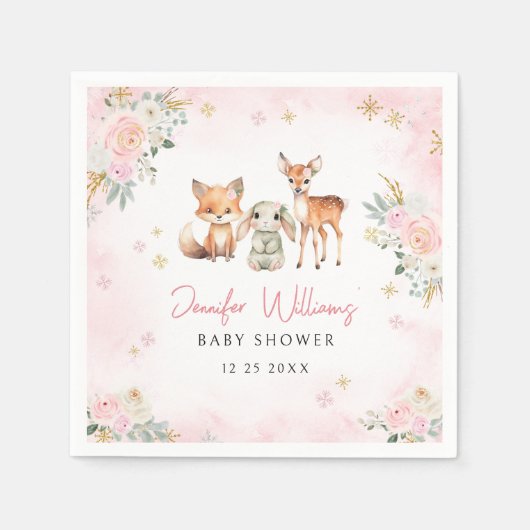 ピンクの冬の森の赤ちゃん女の子シャワー紙ナプキン スタンダードカクテルナプキン (正面)