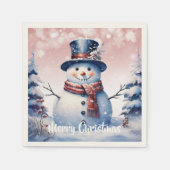 ピンクの冬の森の雪だるまのクリスマス スタンダードカクテルナプキン (正面)