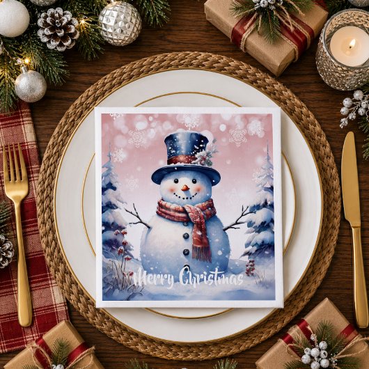 ピンクの冬の森の雪だるまのクリスマス スタンダードカクテルナプキン