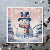 ピンクの冬の森の雪だるまのクリスマス スタンダードカクテルナプキン