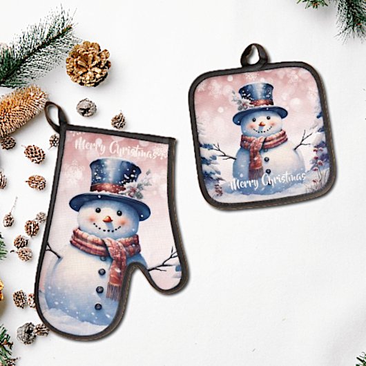 ピンクの冬の森の雪だるまのクリスマス 鍋つかみ&鍋敷きセット