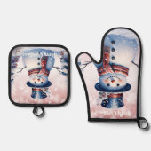 ピンクの冬の森の雪だるまのクリスマス 鍋つかみ&鍋敷きセット (正面)