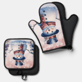 ピンクの冬の森の雪だるまのクリスマス 鍋つかみ&鍋敷きセット (正面/裏面)