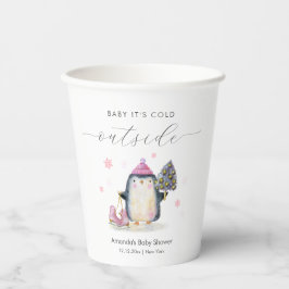 ピンクの冬の森 スケート ペンギン ベビーシャワー 紙コップ