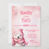ピンクの冬の極熊の雪の結晶の誕生日パーティー 招待状 (正面)
