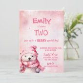ピンクの冬の極熊の雪の結晶の誕生日パーティー 招待状 (スタンド正面)