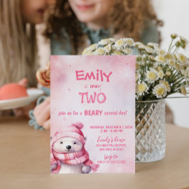 ピンクの冬の極熊の雪の結晶の誕生日パーティー 招待状