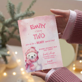 ピンクの冬の極熊の雪の結晶の誕生日パーティー 招待状