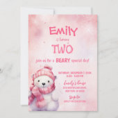 ピンクの冬の極熊の雪の結晶の誕生日パーティー 招待状 (正面)