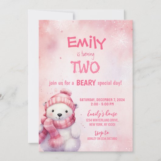 ピンクの冬の極熊の雪の結晶の誕生日パーティー 招待状 (正面)