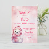 ピンクの冬の極熊の雪の結晶の誕生日パーティー 招待状 (スタンド正面)