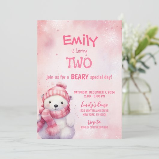 ピンクの冬の極熊の雪の結晶の誕生日パーティー 招待状 (スタンド正面)