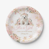 ピンクの冬の白クマその女の子の赤ちゃんシャワー ペーパープレート (正面)