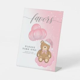 ピンクの冬の眠いクマ気球ベビーシャワーの好意 台座サイン