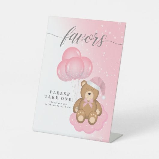 ピンクの冬の眠いクマ気球ベビーシャワーの好意 台座サイン (正面)