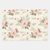 ピンクの冬の花模様赤と白,クリスマス ラッピングペーパーシート (正面)