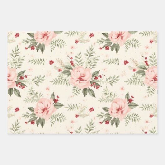 ピンクの冬の花模様赤と白,クリスマス ラッピングペーパーシート (正面)